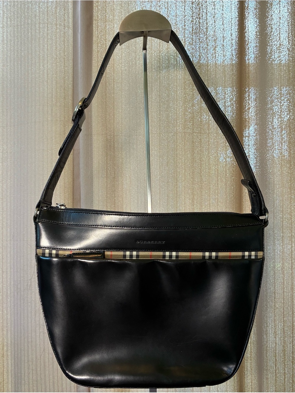 Burberry Black Leather Tote with Signature Check Trim